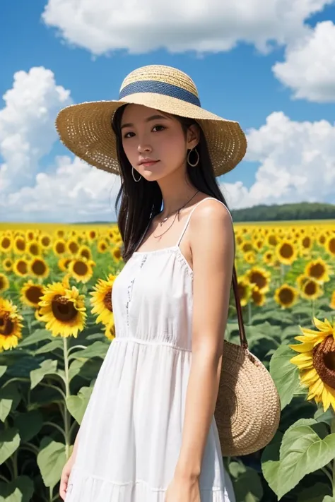 Sunflower field、White dress、blue sky、White cloud、Straw hat