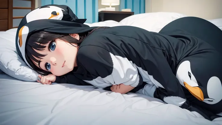 Cute penguin who wants to sleep wants to sleep on the bed
