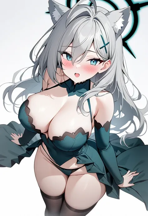 1girl, Shiroko Terror (Blue Archive), masterpiece, best quality, woman, excited, neutral, standing, looking at viewer, long hair, ahoge, silver hair, blue eyes, tsurime, pale skin, beautiful breasts, voluptuous, underwear, blush, with wolf ears, white back...