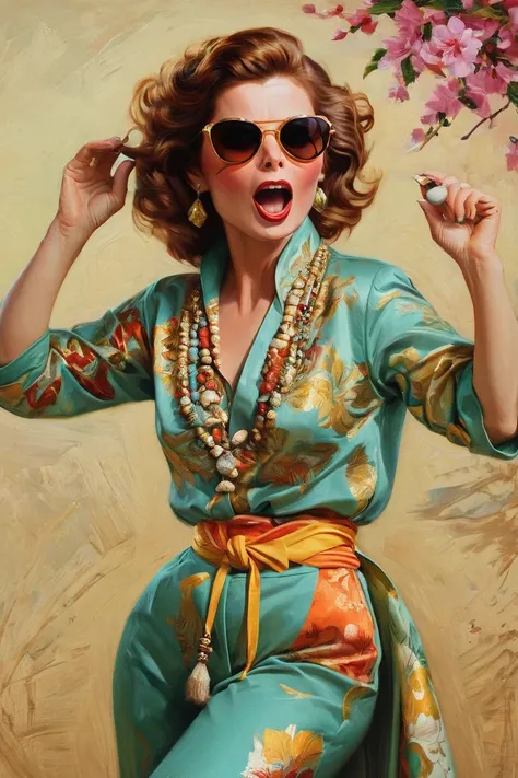 breathtaking, cans, indian woman , dynamic pose, Eclectic, colorful, sunglasses and outfit, full body portrait, portrait,close up of a Rich Exotic Han Dynasty (Katharine Hepburn:1.1) , screaming, Satisfying, Fantasy, Aestheticism, F/1.8, painting, pavel, s...