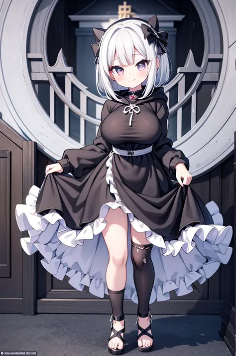 Anime-style image of a woman with white hair and black clothing, Cute 3D anime girl render, Cute anime waifu in a nice dress, Anime VTuber Full Body Model, Anime girl in a black hoodie, Gothic Maiden Anime Girl, Highly detailed characters, Official charact...