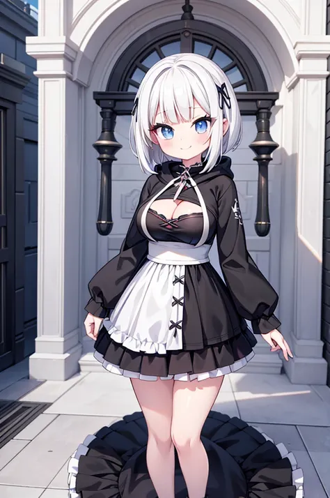 Anime-style image of a woman with white hair and black clothing, Cute 3D anime girl render, Cute anime waifu in a nice dress, Anime VTuber Full Body Model, Anime girl in a black hoodie, Gothic Maiden Anime Girl, Highly detailed characters, Official charact...