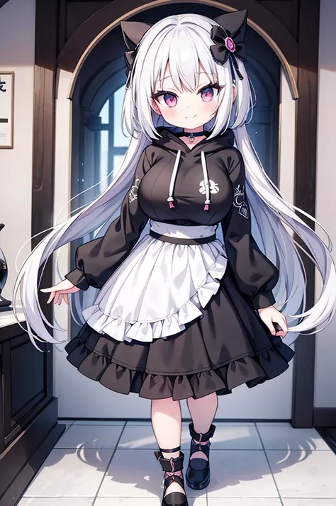 Anime-style image of a woman with white hair and black clothing, Cute 3D anime girl render, Cute anime waifu in a nice dress, Anime VTuber Full Body Model, Anime girl in a black hoodie, Gothic Maiden Anime Girl, Highly detailed characters, Official charact...