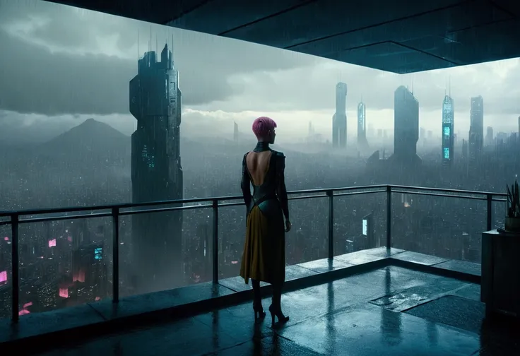 A realistic image of a futuristic city inspired by the movie Blade Runner. A ((beautiful young girl)) replicant with pink hair ((medium length hair)) is standing on the terrace of a skyscraper overlooking the city. It is raining and the scene has a 16:9 as...