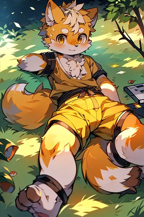 Anime style drawing of a boy lying on the ground holding a gun, Concept Art：Shingei, Pixiv, fur art, kemono, High quality fan art, Zero-chan art, Fox McCloud, Spectacular anime style, Zero-chan, Furry, Hula Infinity Commission, trigger anime art style, Dan...