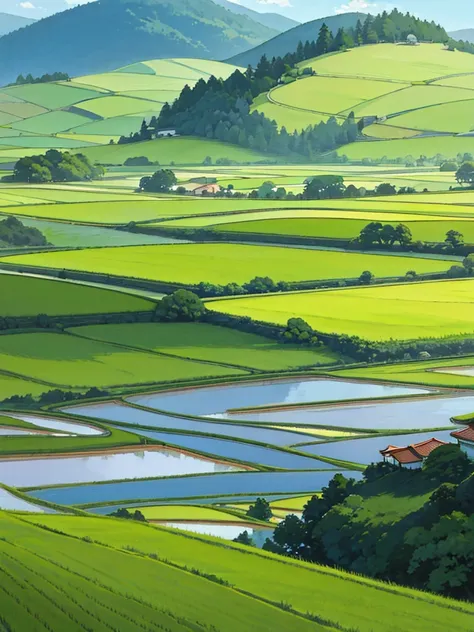 Peaceful scenery、The rice fields are spreading、A row of pretty white houses、Landscape painting