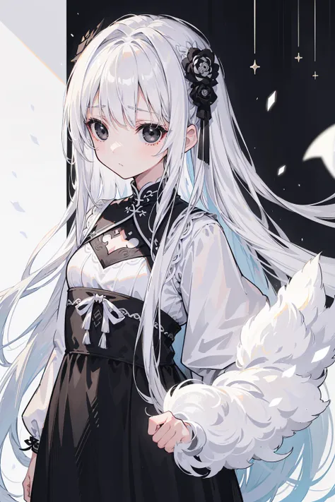 (Top image quality)、(Very detailed)、(Facing forward)、Top quality、masterpiece、(((1 girl )))、Silver Hair、White hair、((Long hair))、Weaving、(black eyes:1.6)、(White and black cheongsam)、Lots of decorations、Lots of ribbons、White Ribbon、Haggard、Fluffy loose hair