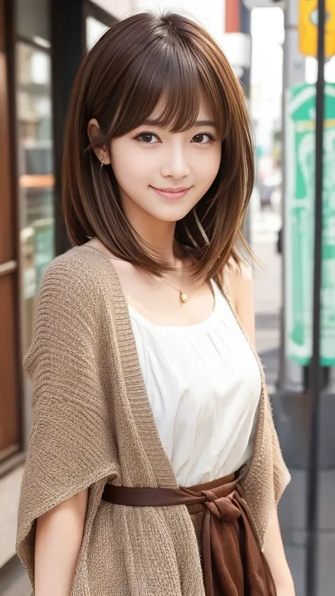  highest quality, masterpiece, Attractive girl, Stunning girl, Brown Hair, Shoulder Length Layered, asymmetrical bangs, Japanese Idol, Sophisticated, Stylish, embarrassed、smile、白レースビキニ