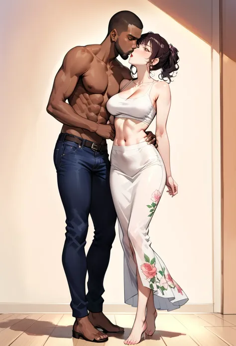 (1 young man), (1 asian Mom), (Duet), A mom seduces a young blackman，（strong and naked black man，short pantuscle body，bodybuilder），（a young mom with big breasts，narrow waist，bare shoulders，(white long skirt dressed, floral print, naked，bare stomach，thick l...