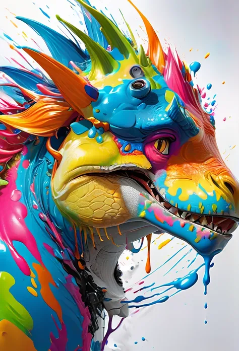 arte splash, a dinosaur rex head, very detailed mane ((White background)), piercing eyes, Epic Instagram, art-station, splash style of colorful paint+, Contour, hyper-detailed intricately detailed, engine unreal, awesome, details Intricate, splashscreen, c...