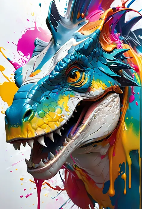 arte splash, a dinosaur rex head, very detailed mane ((White background)), piercing eyes, Epic Instagram, art-station, splash style of colorful paint+, Contour, hyper-detailed intricately detailed, engine unreal, awesome, details Intricate, splashscreen, c...