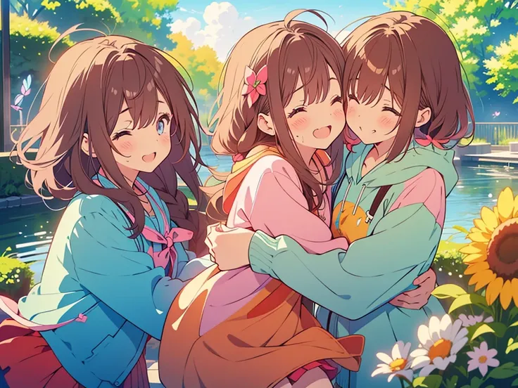 kawaii, anime, Cute, hyper quality, highly detailed, 8k, Clarity, Two girls with brown hair and pink hair, One person has long dark brown hair and green eyes., The other is a young girl with a bright pink short bob and scarlet eyes., Hug each other in Euro...