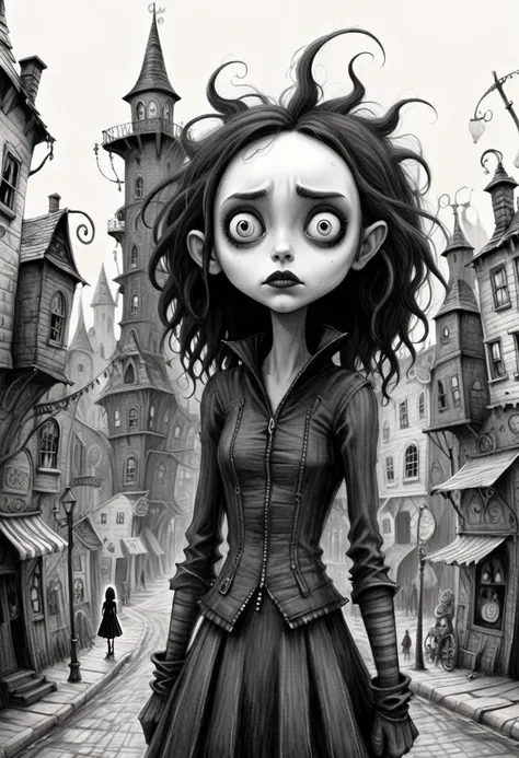 Monochrome (pencil scektch:1.3),(she:1.15) In a Tim Burton-inspired town, By Burton&#39;s juxtaposition&#39;The unique charm and fascinating appeal of geometry、Creates truly captivating and mesmerizing scenes。.,(hand drawn with pencil:1.15), (Tim Burton St...