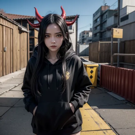 Succubus, red skin, small horns, yellow eyes, long black hair, black hoodie, walking on the roof 