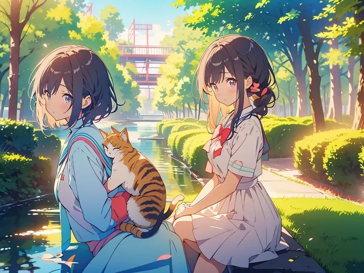 anime girl hug a cat in a park with a river in the background, Exciting Literature Club, everyone, Two beautiful anime girls, Anime Moe Art Style, dlc, Official Art, artstation pixivでトレンド, Splash art anime , Cute Anime, hug each other, future!!, hug, 8k!, ...