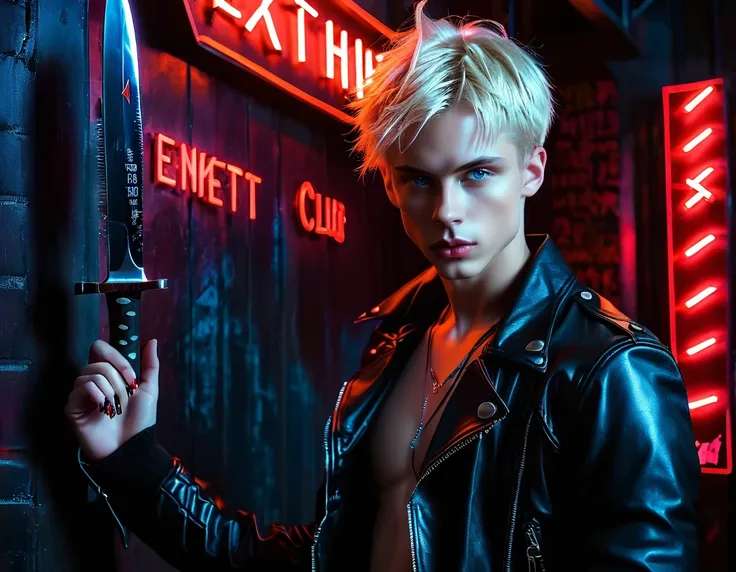 Hyper realistic, dark vibes, solo, young man, feminine face, 22 years, pale skin, model (skinny:1.2), blue eyes, (short textured blond hair:1.2), tussled side swept fringe to the right, black leather jacket, holding knife, night BDSM club background, foreb...