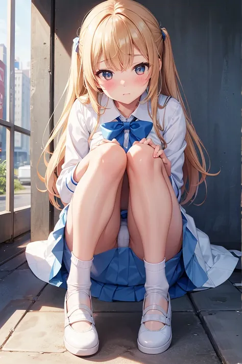 From below, (Squint your eyes:1.2), close, One Girl, blush, sit, Browsing Caution,beautiful girl,Wear a uniform, Light blue skirt,White panties、Squat down and spread your legs、 Anime Movement,Both sides up