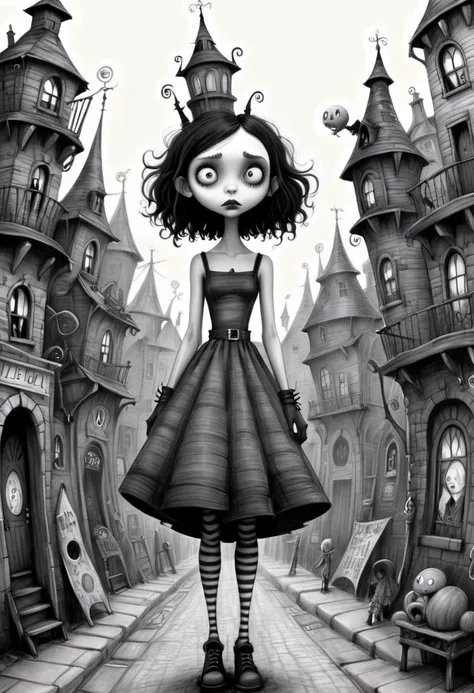 Monochrome (pencil scektch:1.3),(she:1.15) In a Tim Burton-inspired town, By Burton&#39;s juxtaposition&#39;The unique charm and fascinating appeal of geometry、Creates truly captivating and mesmerizing scenes。.,(hand drawn with pencil:1.15), (Tim Burton St...