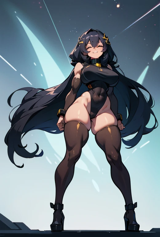 young girl, Pullover, whole body to see, very long hair, (( very wide hips)), (((colossal Thighs, gigantic thighs, very huge thighs, very big thighs))), fullbody, platform heels, black skin, very Big breast, gun, soldier girl , military , full bodysuit, lá...