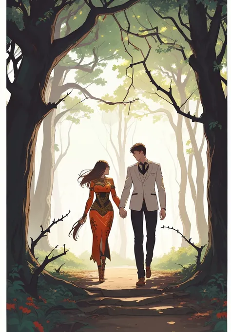 A man and a woman walking through the forest holding hands, Adam and Eve, Animal Skin Tribal Outfit , The Fall of Man, surrounded by thorns, artistic concept for a book cover