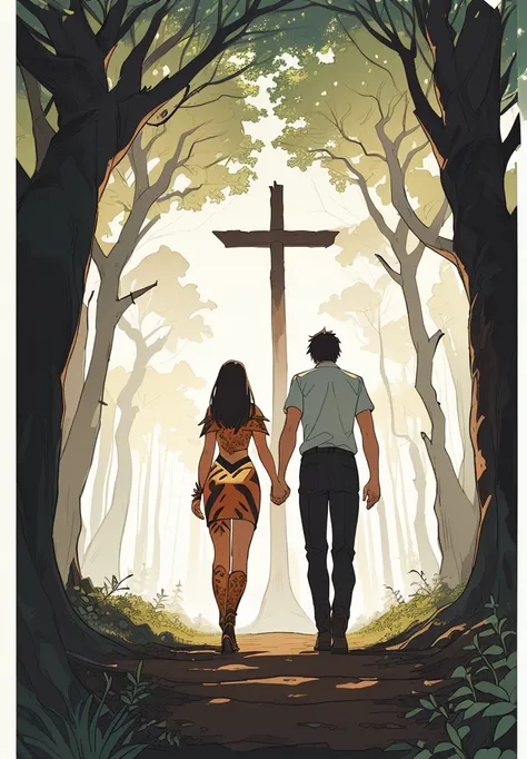 A man and a woman walking through the forest holding hands, Adam and Eve, Animal Skin Tribal Outfit , The Fall of Man, surrounded by thorns, artistic concept for a book cover