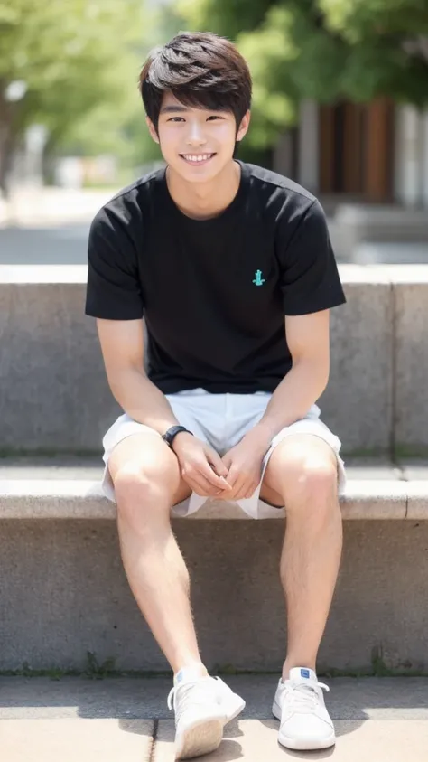 Japanese, male, university student, Wearing shorts, Sitting, ((full body)), (super sharp focus), (Hairy legs), smile, Anatomically correct, 