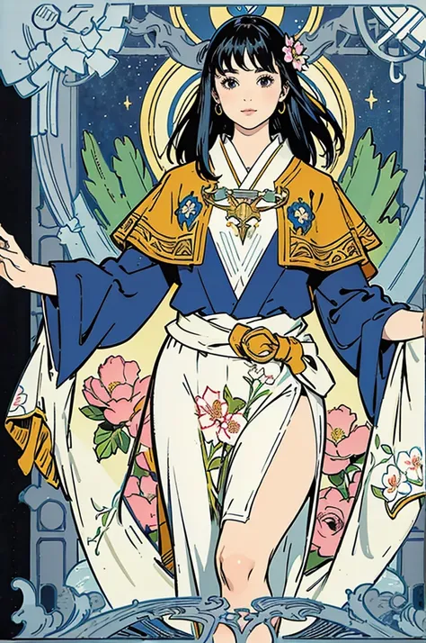 Tarot Cardasterpiece、Highest quality、Amazing details、Detailed Background、Line art、Written boundary depth、Flat Shading、Mucha style、Art Nouveau、Botanical Art、Flower Art、Surrounded by many flowers、、girl、15 years old、Japanese idol costumes from the 1980s、Vinta...