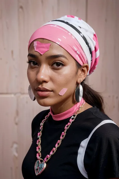 there is a woman with a pink shirt and a black and white hat, 30-year-old woman from cuba, profile image, wearing a pink head band, mixed art, wearing a bandana and chain, leaked image, headshot profile picture, wearing a head scarf, aida muluneh, taken in...