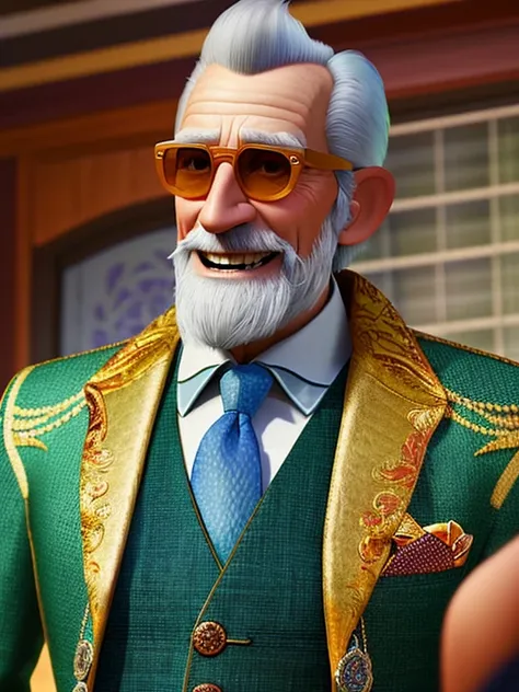 Pixarstyle A waist-high portrait of an elderly man with fancy clothes, sun glasses, smile, natural skin texture, 4K textures, HDR, intricate, highly detailed, sharp focus, cinematic look, hyper-detailed