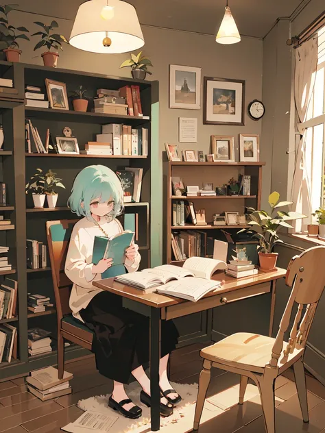 (there is a woman sitting in a chair reading a book, lofi-girl), Study desk，table light，book，bookshelves，potted，a plant, Loepfe Art Style, lofi art, Compliment girls&#39; aesthetics, Lo-Fi illustration style, animeaesthetic, Anime background art, studying ...