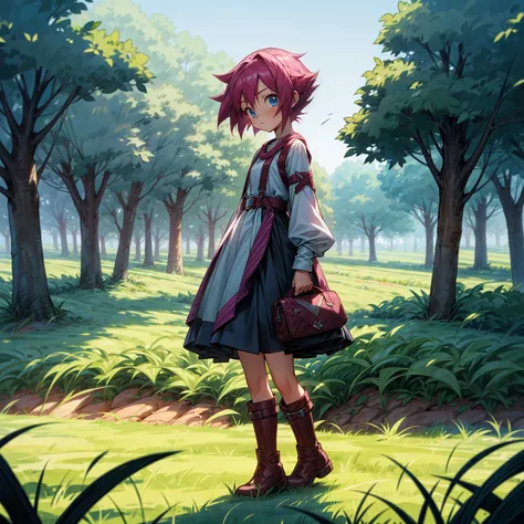 1childern girl, Full body version, 1character, blue eyes, short haircut, magenta color hair, Farmer style outfit, Boots, Grassroots, full background in field town, motion blur, lighting, (Hunter x Hunter style art)