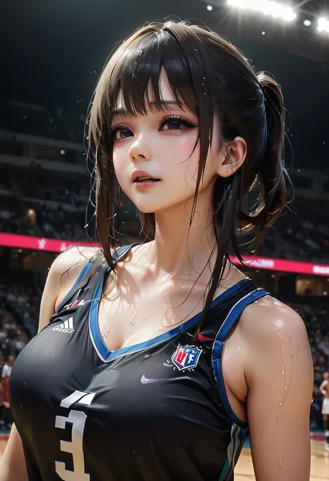 Young and beautiful woman,(Highest quality,Extremely detailed depiction,Incredible high resolution,Anatomically accurate depiction,software),(Glowing Skin,Glowing Skin,Sweat),basketballの選手,basketballのユニフォーム,basketball,Awesome dunk shot,Winning goal,backgro...