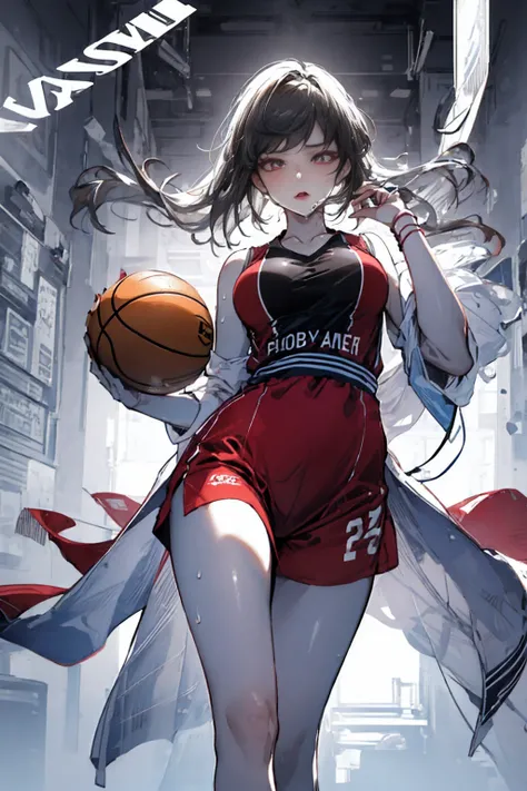 Young and beautiful woman,(Highest quality,Extremely detailed depiction,Incredible high resolution,Anatomically accurate depiction,software),(Glowing Skin,Glowing Skin,Sweat),basketballの選手,basketballのユニフォーム,basketball,Awesome dunk shot,Winning goal,backgro...