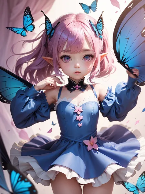 cute little Fairy, blue butterfly, 紫 hair, pink eyes,  dress pointy ears dress made of petals leaves