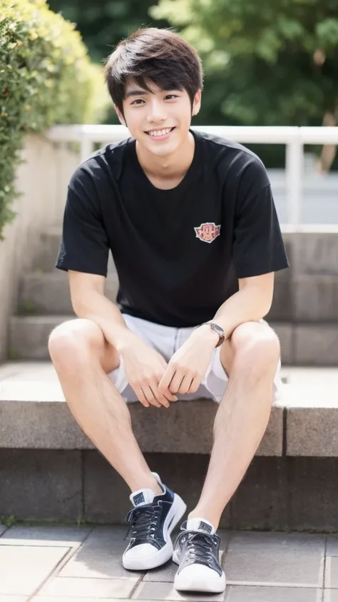 Japanese, male, university student, Wearing shorts, Sitting, ((full body)), (super sharp focus), (Hairy legs), smile, Anatomically correct, 