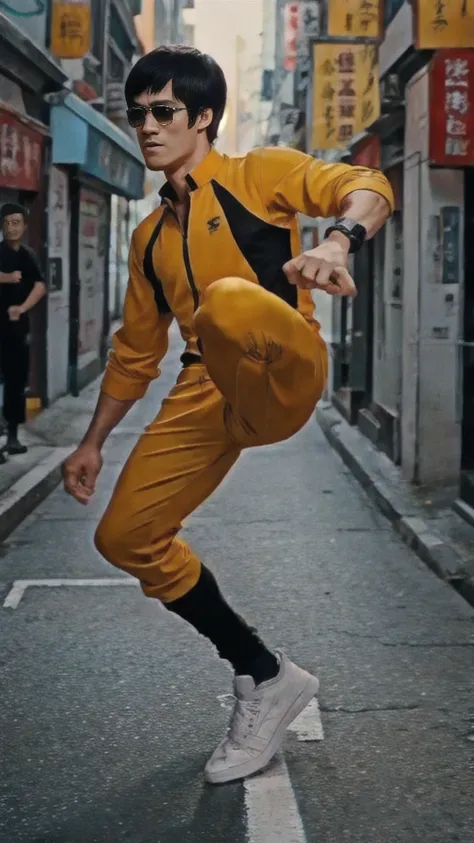 bruce lee wears a yellow tracksuit、hong kong backstreet background at night、face the enemy、