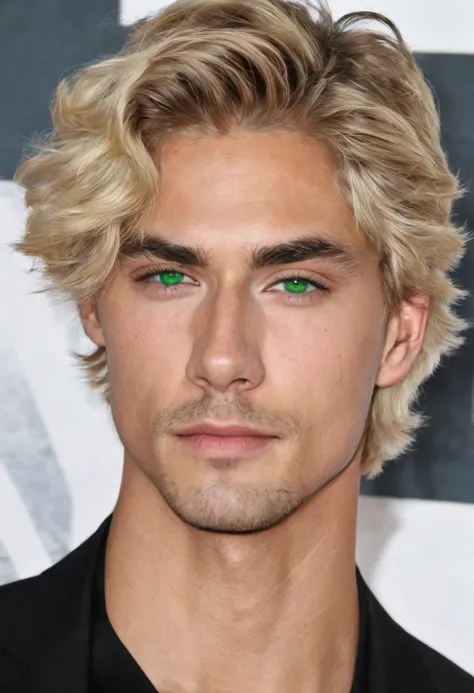 Can I get a handsome blonde guywith medium hair and green eyes 