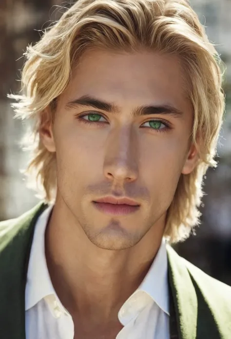 Can I get a handsome blonde guywith medium hair and green eyes 