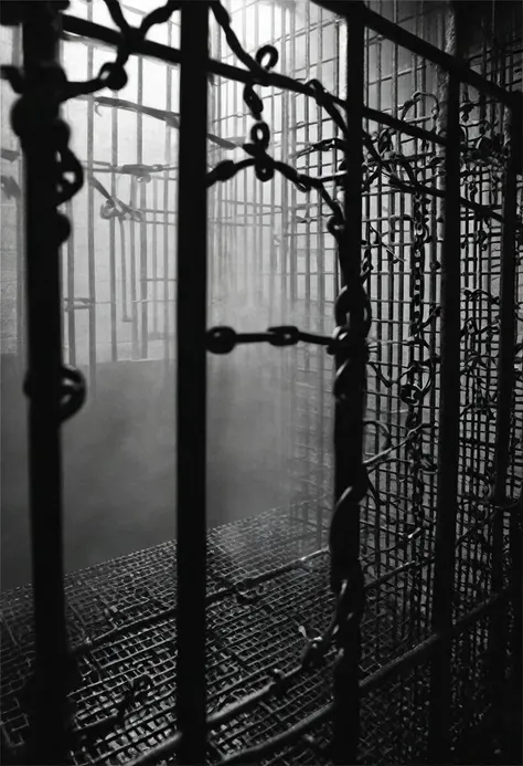 Commencez par une prison sombre baignée d’une mystérieuse lumière noire, create a feeling of confinement and secrecy. The prison should have intricate details like iron bars and chains, suggesting the&#39;emprisonnement ou la contrainte, PAUSE In the cente...