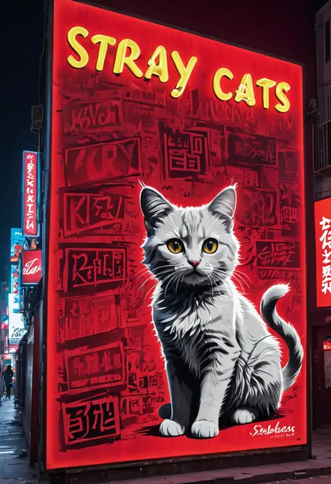 city night scene，KTV,Riman，Stray cats，scribbles，neonlight，advertising billboard，(((red colour)))