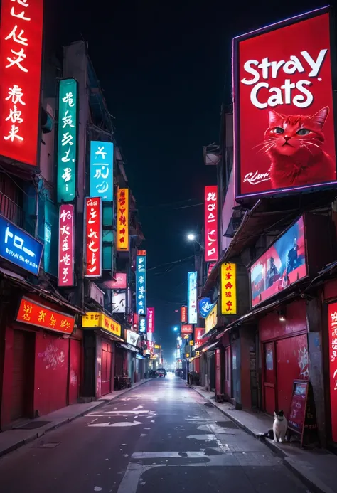 city night scene，KTV,Riman，Stray cats，scribbles，neonlight，advertising billboard，(((red colour)))