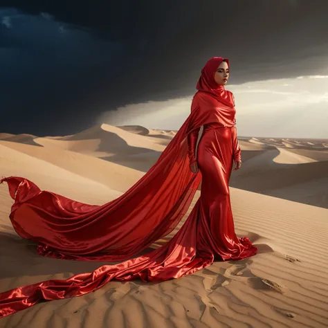 a sexy a woman covered in red satin cloth, mummified in satin, ghost sheet,tied tight in satin, shape like mermaid, tight in leg, wearing a satin hijab, the satin is very long, forming the curve of the body,dramatic flowy satin,strugle to move,full body, m...