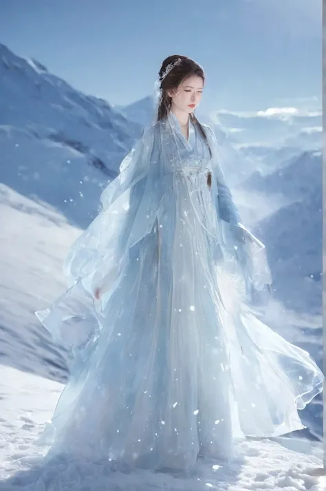 Double Exposure Style, Volumetric Lighting, leaning forward,light depth, dramatic atmospheric lighting, Volumetric Lighting, double image ghost effect, image combination,
(realistic, photorealistic),
The girl is wearing a Hanfu made entirely of ice and sno...