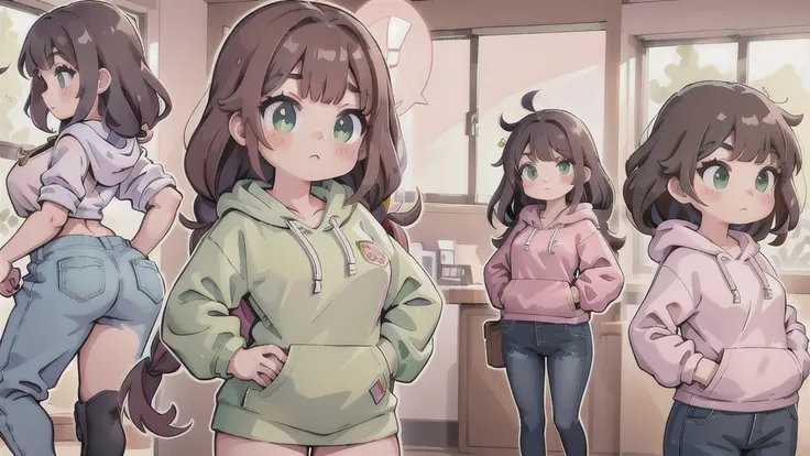 1girl, small breasts, small hips, green eyes, brunette long hair, pink sport hoodie, denim shorts, school corridor, pervert, , freckles