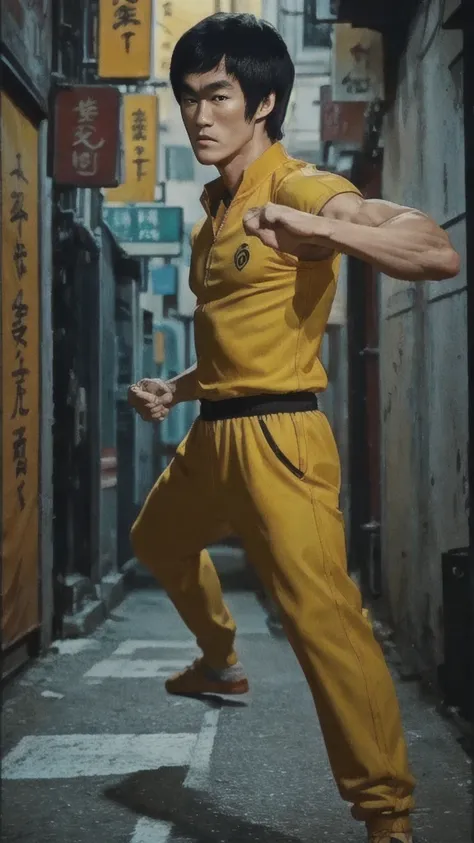 Bruce Lee wears a yellow tracksuit、Hong Kong backstreet background at night、Face the enemy、