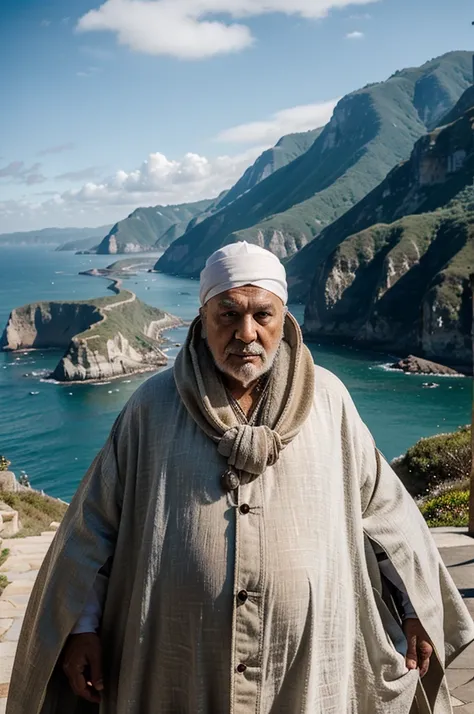 an old grandfather, robe and white turban, faced with a pair of dragons, with a background of hills and ocean