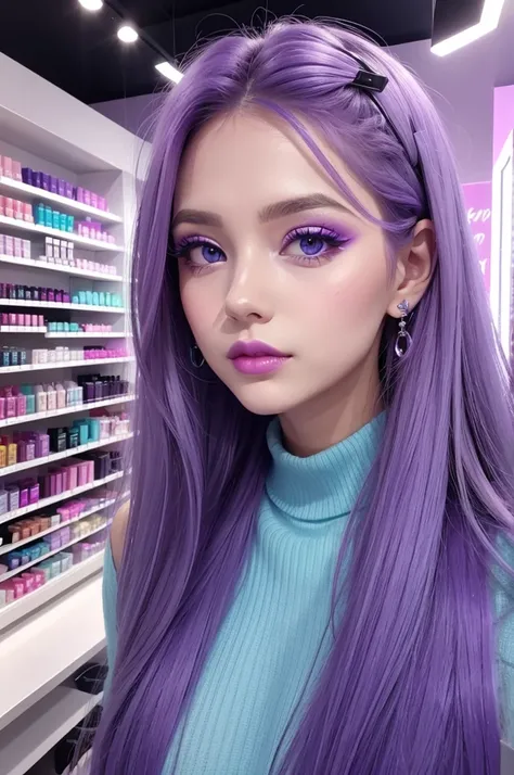 Create a makeup store in lavender purple and cyan blue colors