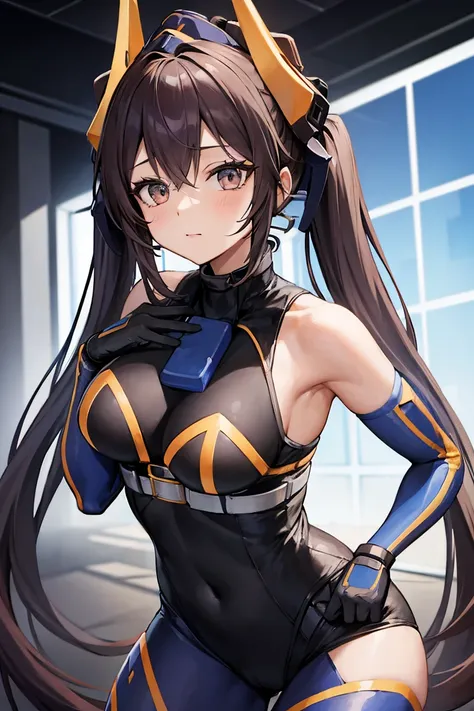 ip2, 1girl, headgear, bodysuit, bare shoulders, twintails, elbow gloves