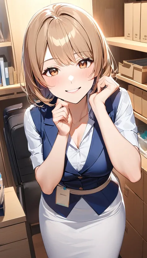 1 Woman Standing, office worker, ((Blue Vest) Over a white dress shirt), Narrow skirt, Mature Woman, (Beige brown hair), A gentle blushing smile, Bow tie break (Have a coffee kettle) Handheld brake (Modern Office) indoor, pantry, Detailed Background