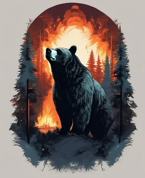 t shirt design, T-shirt with a breathtaking digital illustration captures the mesmerizing moment when a bear merges perfectly with the enchanting forest full of flames and smoke. The bear&#39;s piercing eyes emit an intense, quase sobrenatural, angry glare...